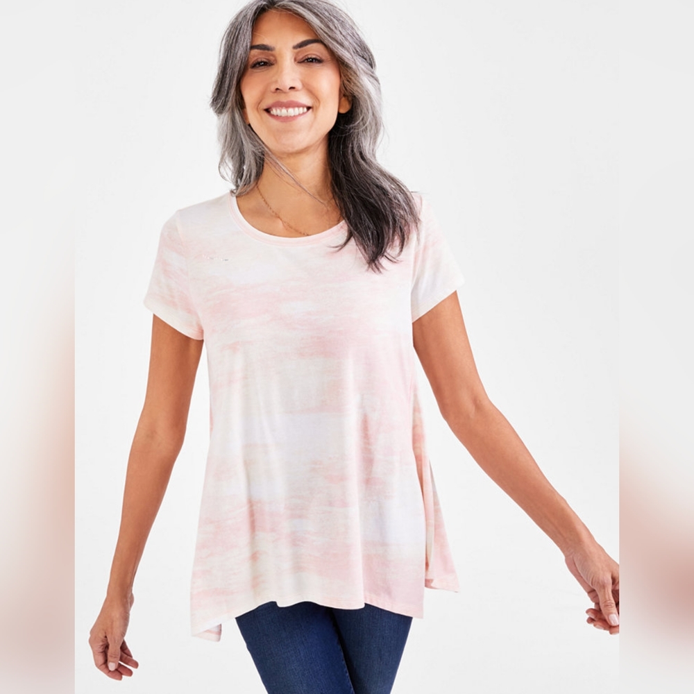 Style & Co. Womens Shark Bite Hem T-Shirt Pink Dye Large